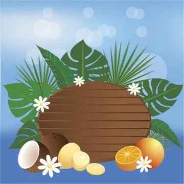 Summer banner beach style vector illustration , wood desk and tropic fruits w Stock Illustration