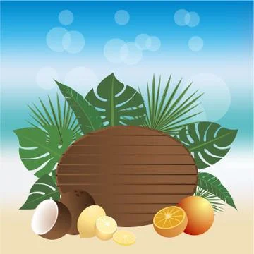 Summer banner beach style vector illustration , wood desk and tropic fruits w Stock Illustration