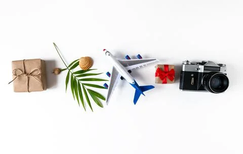 Summer banner with a camera, a palm leaf, an airplane, shells, a gift on a wh Stock Photos