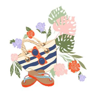 Summer banner or poster element with beach accessories, flat vector isolated. Stock Illustration