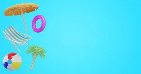 Summer banner. Umbrella inflatable ring beach ball deck chair palm tree Illustrazione stock