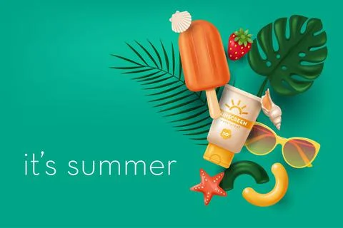 Summer banner with various vector elements in realistic 3D style Illustrazione stock