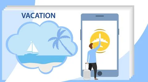 Summer banners concept. Vacation on the beach. A man presses a button Stock Illustration