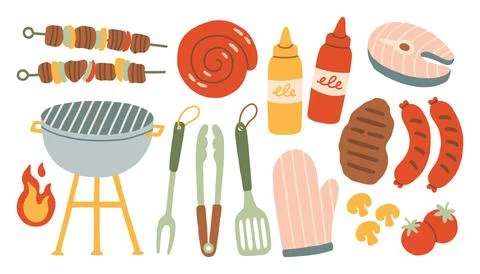 Summer barbecue grill vector illustration set with steak, skewer, sausage and Stock Illustration