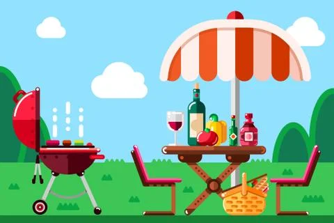 Summer barbecue picnic, vector flat illustration. BBQ grill, umbrella, table Stock Illustration