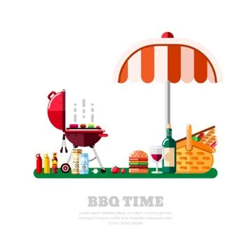 Summer barbecue picnic, vector flat isolated illustration. BBQ grill, umbrell Stock Illustration