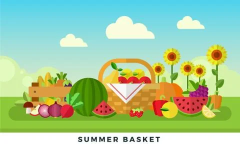 Summer basket on nature background. Vector flat illustrations. Straw basket Illustrazione stock