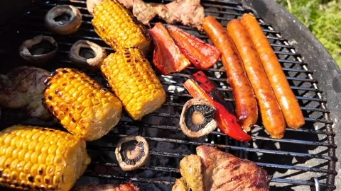 Summer BBQ Grilled Corn &amp; Sausages Stock Footage 305274437