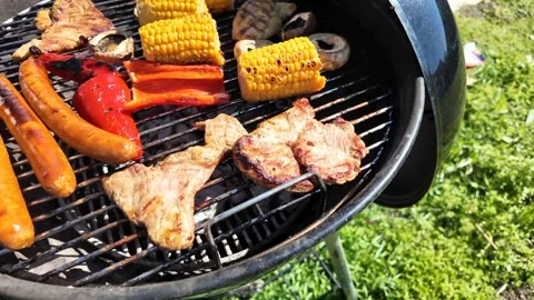 Summer BBQ Grilling Meat &amp; Veggies Stock Footage 305273966