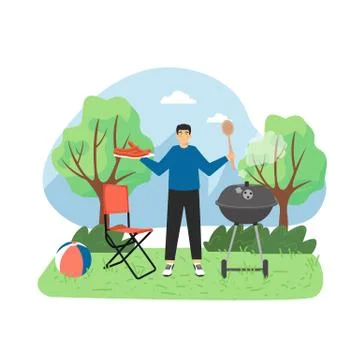 Summer bbq scene, flat vector illustration. Happy man cartoon character grilling Stock Illustration