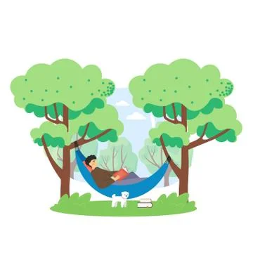 Summer bbq scene. Man lying in hammock and reading book in the park, flat vector Stock Illustration