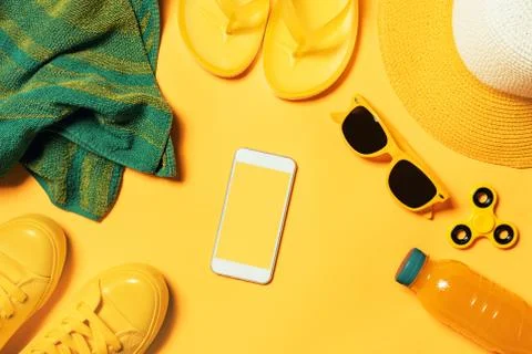 Summer beach accessories flat lay top view with copy space Stock Photos
