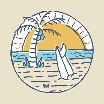 Summer beach and sunset badge patch pin graphic illustration vector art t-shi Stock Illustration