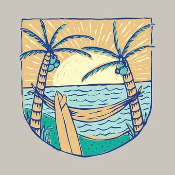 Summer beach and sunset badge patch pin graphic illustration vector art t-shi Stock Illustration