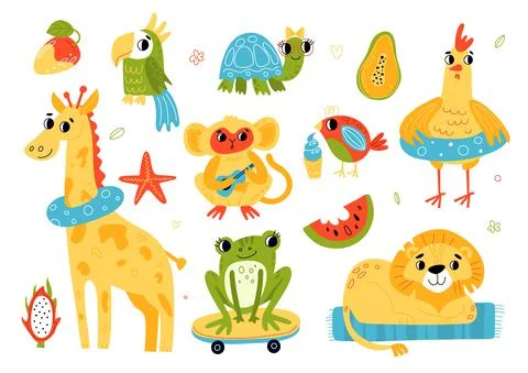 Summer beach animals. Funny characters sunbathing process, relaxing fauna on Stockillustratie
