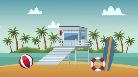 Summer beach animation with lifeguard stand surfboard and beach ball a vibr.. Stock Footage 333546041