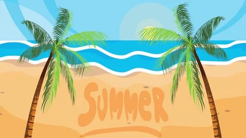 Summer beach animation with ocean waves, two palm trees, and text appearing.. Stock-Footage 338419000