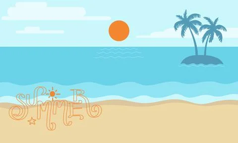 Summer beach background, sky, sun, sea, coconut trees and white sand beach... Stock Illustration