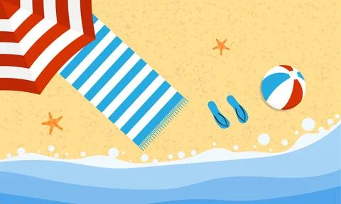 Summer beach background top view with umbrella towel flip flops and sea Stock Illustration