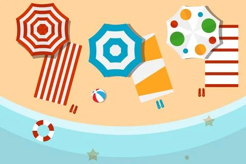 Summer beach background top view vector illustration umbrellas towels sea Stock Illustration
