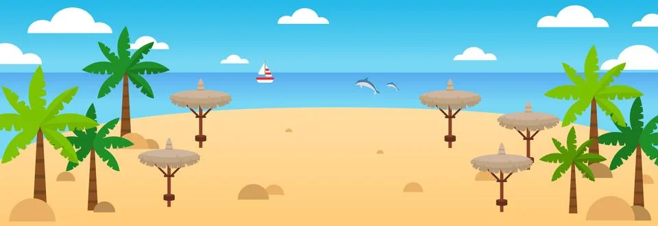 Summer beach background. Vector summer travel banner with waves, palm, straw  Stock Illustration