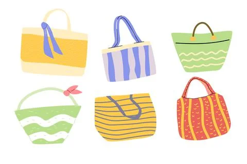 Summer beach bag set. Cartoon flat vector illustration isolated on white. 库存插图