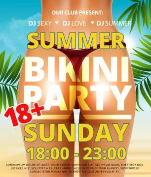 Summer beach bikini or pool party flyer with pretty realistic young sexy woman Stock Illustration