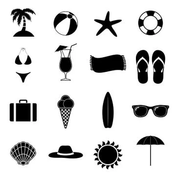 Summer Beach Black Vector Illustration Of Silhouette Icons Stock Illustration