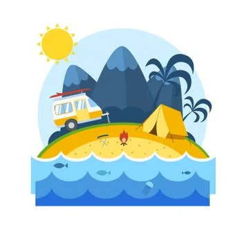 Summer Beach Camping Landscape Stock Illustration