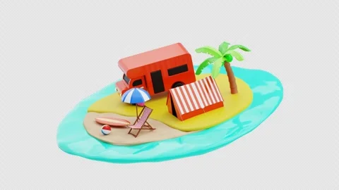 Summer beach camping with van tent and palm 3d animation Stock Footage 320722869