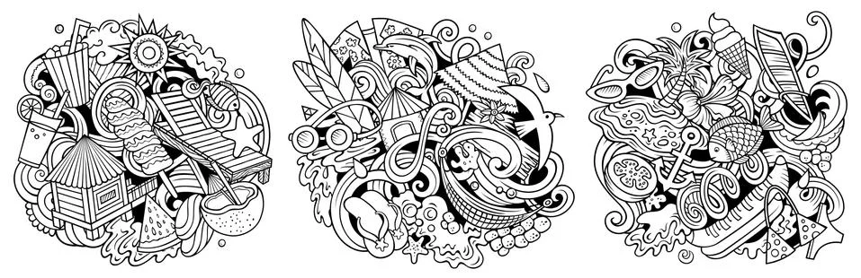 Summer beach cartoon vector doodle designs set. Stock Illustration