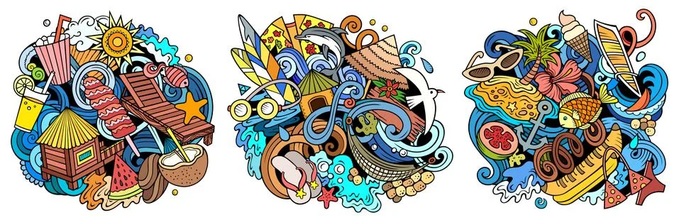 Summer beach cartoon vector doodle designs set. Stock Illustration
