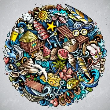 Summer beach cartoon vector doodles illustration. Stock Illustration