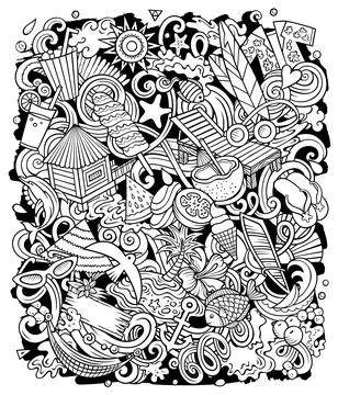 Summer beach cartoon vector doodles illustration. Stock Illustration