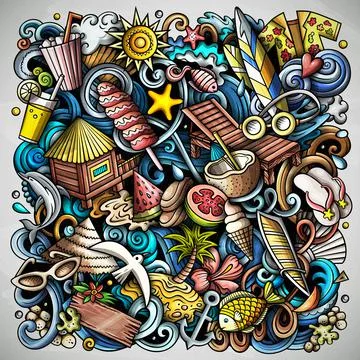 Summer beach cartoon vector doodles illustration. Stock Illustration