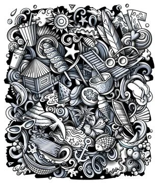 Summer beach cartoon vector doodles illustration. Stock Illustration