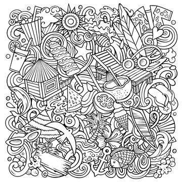 Summer beach cartoon vector doodles illustration. Illustrazione stock