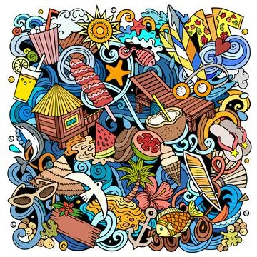 Summer beach cartoon vector doodles illustration. Illustrazione stock