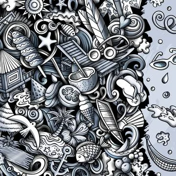 Summer beach cartoon vector doodles frame Stock Illustration