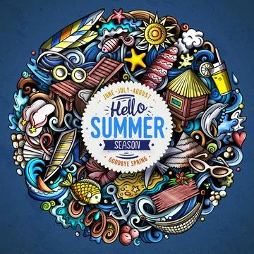 Summer beach cartoon vector doodles illustration. Stock Illustration