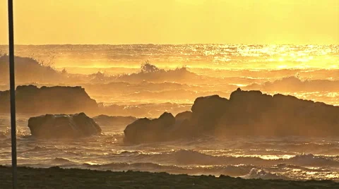 Summer Beach coast with umbrellas at Sunset, Sunrise. Stock-Footage 47209361
