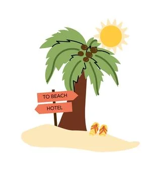 Summer beach composition with arrow and palm tree. Stock Illustration