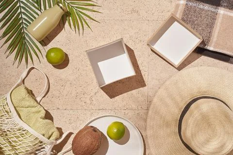 Summer beach concept flat lay. Hat, string bag, fruits, bottle, box and palm. Stock Photos