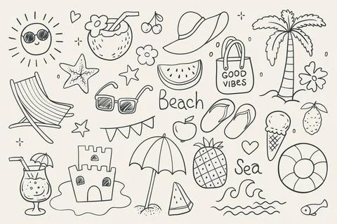 Summer beach doodle set. Hand drawn vacation icons collection with sun, pal.. Stock Illustration