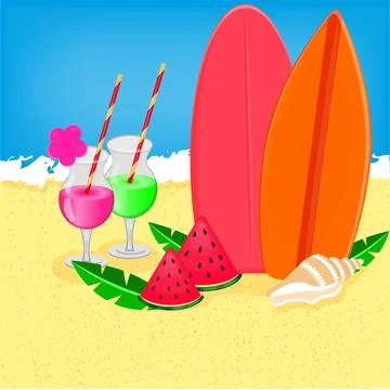Summer beach drinks, surfboards, watermelon, shell, flat style vector Illustrazione stock