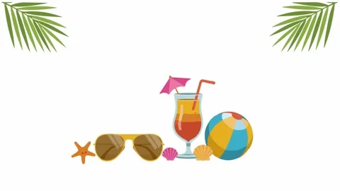 Summer Beach Elements Animation with Sunglasses Cocktail and Palm Leaves Stock Footage 335351734