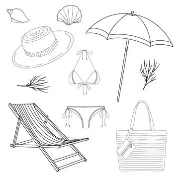 Summer beach essentials featuring a hat, bikini, umbrella, and lounge chair.. Stock Illustration