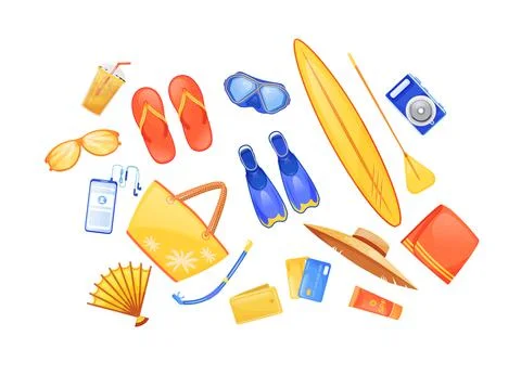 Summer beach essentials flat color vector objects set イラスト素材