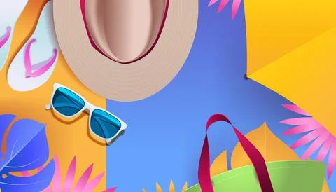 Summer beach essentials hat sunglasses flip-flops tote bag tropical leaves Stock Illustration