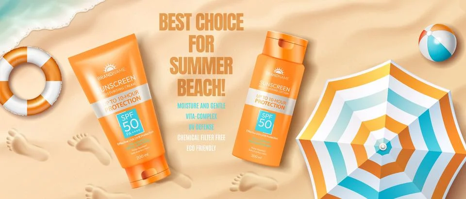 Summer Beach Essentials with Sunscreen Protection Stock Illustration